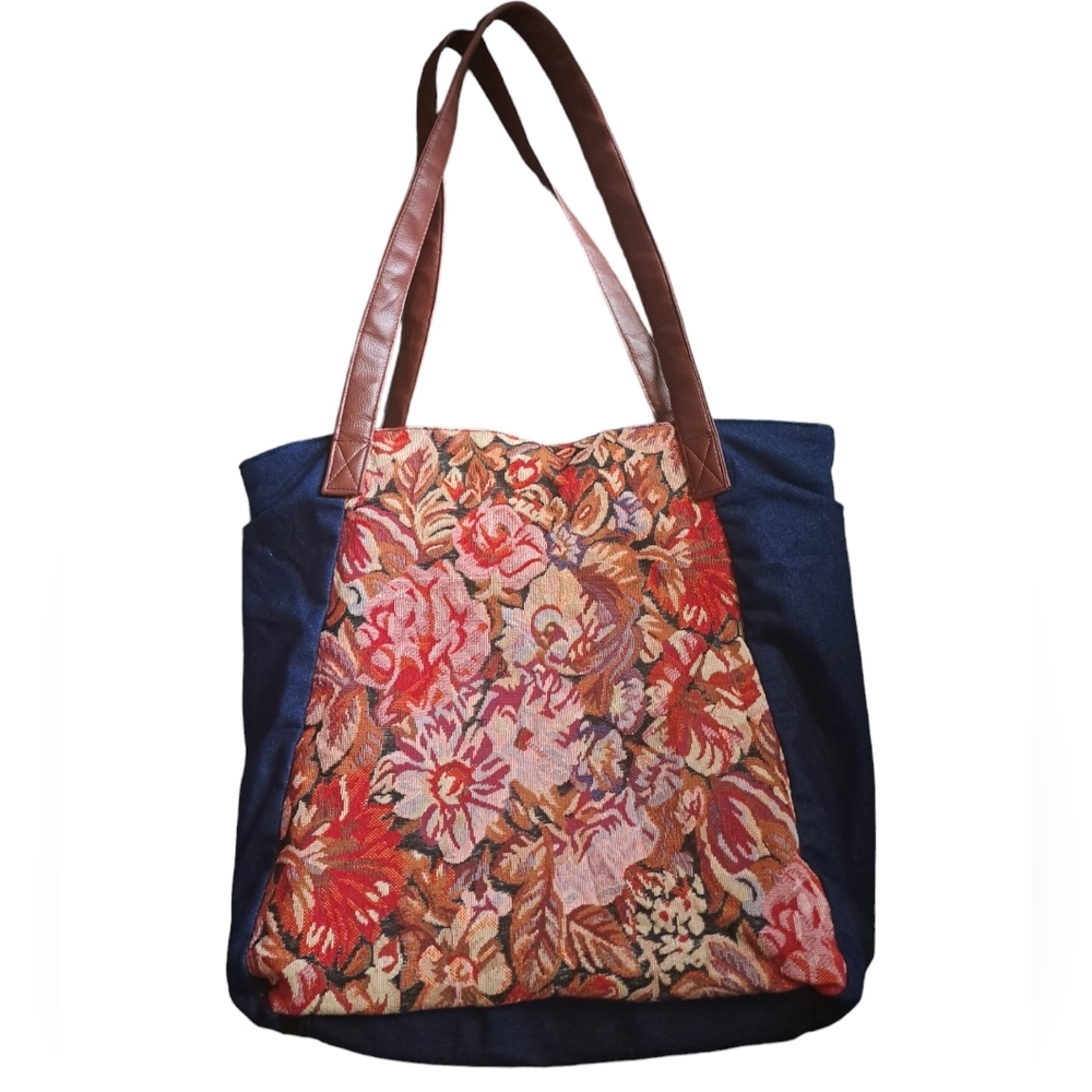 VTG GOLD COAST TAPESTRY denim zip tote bag faux leather straps floral coastal LG